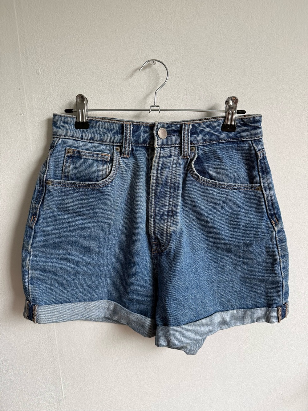 stradivarius Light Blue High-Rise Rolled Hem Denim Shorts